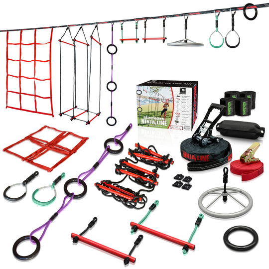 Slackers Deluxe Ninjaline Kit - Ninja Slackline Obstacle Course Set for Backyard & Kids Outdoor Training | BolderPlay