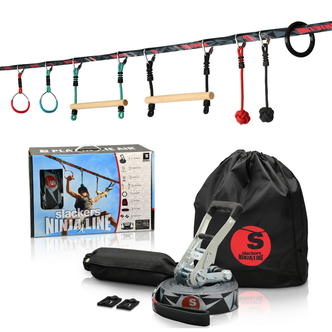 Slackers Ninjaline Intro Kit 36 ft - Ninja Slackline Obstacle Course Kit for Kids & Backyard Training | Bolderplay
